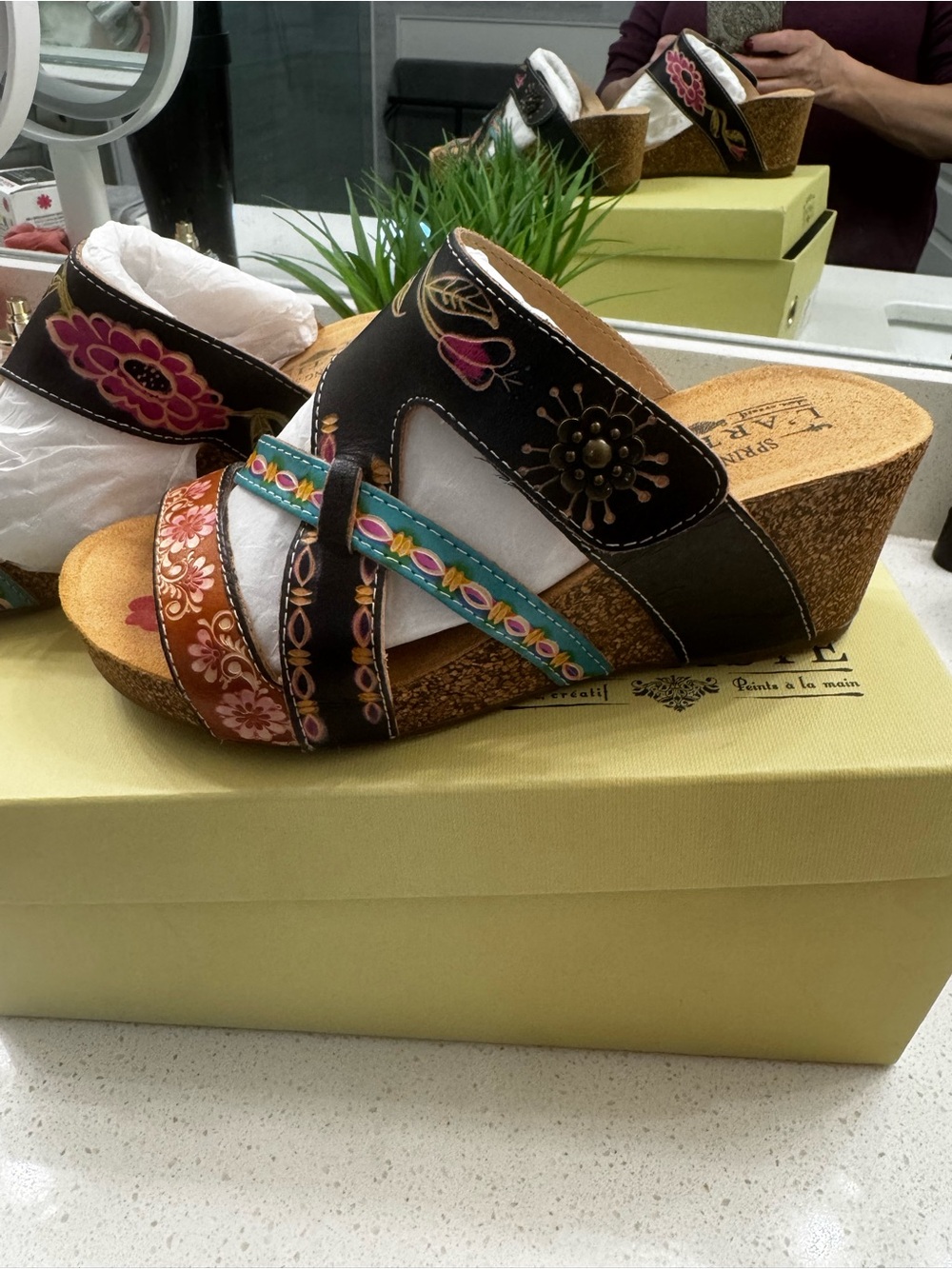 L’artiste Hand-Painted Floral Cork Wedge Sandals - Navy Multi